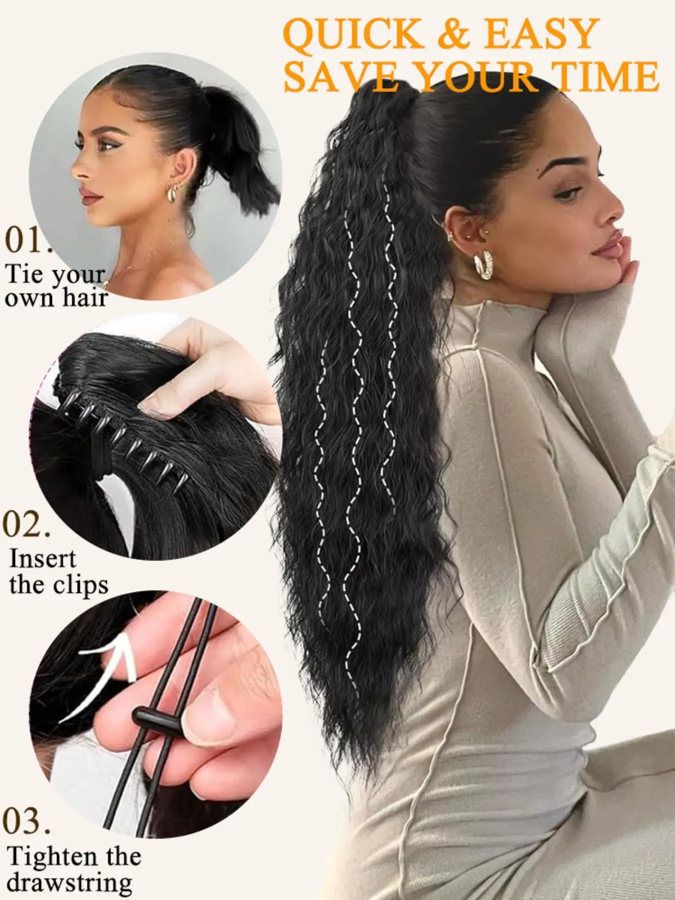 Ponytail Extension Claw 30 Inch Curly Pony Tail Clip in Claw 