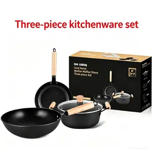 Maifan Stone 3-Piece Cookware Set Wok Soup Pot Frying Pan Non-Stick Flat-Bottom Iron Pan Bank Gift Set