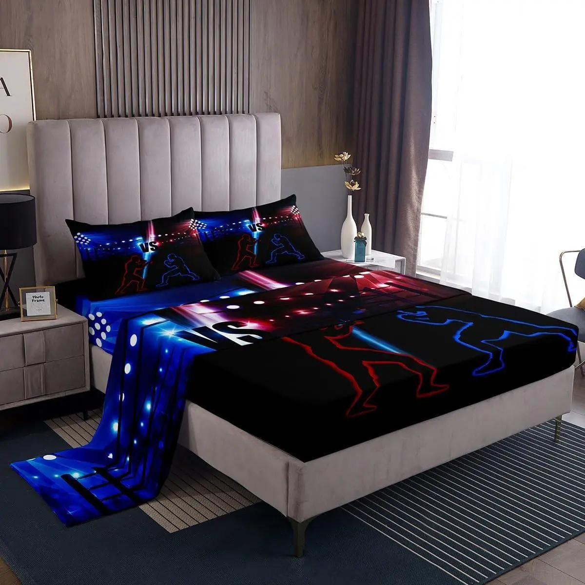 Wrestler Wrestling Sheet Set,Young Men Sports Theme Bed Sheet Set with Deep Pocket Fitted Sheet + Flat Sheet +,Blue and Red Bedding Set for Kids Teens Room Decor