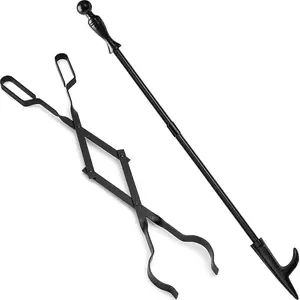 Fireplace Log Tongs & Poker Set – 26” Heavy Duty Firewood Grabber + 33” Fire Poker, Rust-Resistant Tools for Fireplace & Campfire
