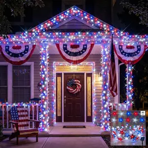 July 4th Red, White, and Blue Star String Lights - Patriotic Decorative Lights, Waterproof Solar Lights, Multiple Lighting Modes, Perfect for Independence Day, Memorial Day, Bedrooms, Cemeteries, Veterans Day, Patriotic Holidays, and Garden Decor