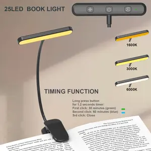25 LED Rechargeable Portable Reading Light, Adjustable Brightness, 3 Color Temperatures, 90 Hours Battery Life, Clip-On Design