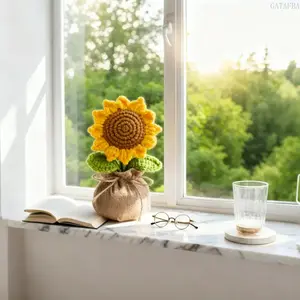 1Pc Handmade Crochet Sunflower Potted Plant, Trendy Aesthetic Mini Yarn Floral Decorative Ornament, Everlasting No-Wilt Knitted Craft, Low-Maintenance Cute Decor for Home Desk, Ideal Birthday Holiday Presents
