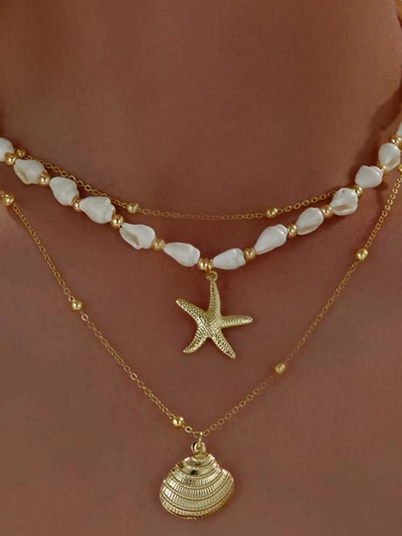 Seashell Starfish Necklace for Women, Conch Shell Summer Pearl Beach Choker, Layered Dainty Alloy Jewelry, All Seasons Accessory