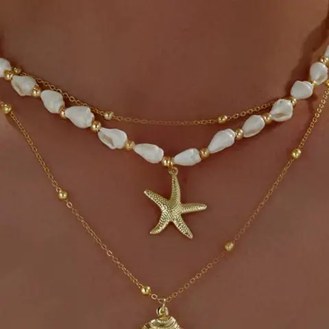 Seashell Starfish Necklace for Women, Casual Style Necklaces, Conch Shell Summer Pearl Beach Choker, Layered Dainty Alloy Jewelry, All Seasons Accessory