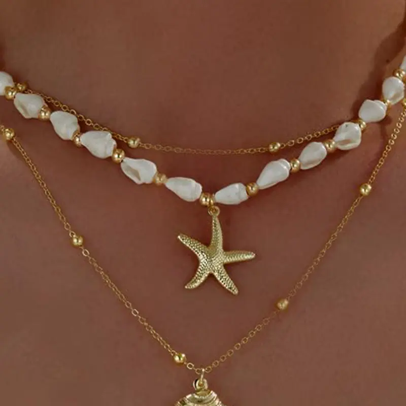 Seashell Starfish Necklace for Women, Casual Style Necklaces, Conch Shell Summer Pearl Beach Choker, Layered Dainty Alloy Jewelry, All Seasons Accessory
