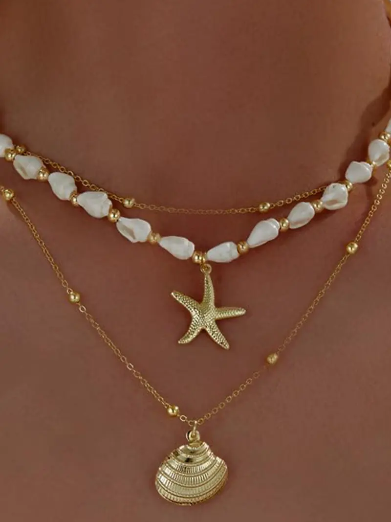 Seashell Starfish Necklace for Women Conch Shell Summer Pearl Beach 14k Gold Layered Dainty Choker