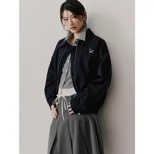 URBAN REVIVO 2026 Spring New Women's Casual Retro Lapel Cotton Blend Long-Sleeve Embroidered Zip Jacket - Breathable Solid-Design Outerwear, UYY160009