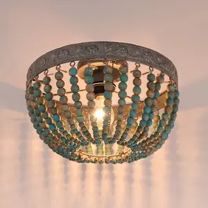 New Bohemia Wood Beaded Flush Mount Ceiling Light Rustic Indoor lighting