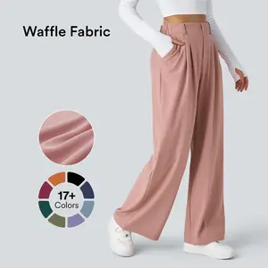 Waffle Knit Pants High Waisted Wide Leg Flowy Draped Trousers Breathable Lounge Comfort Casual Everyday Womenswear Bottom