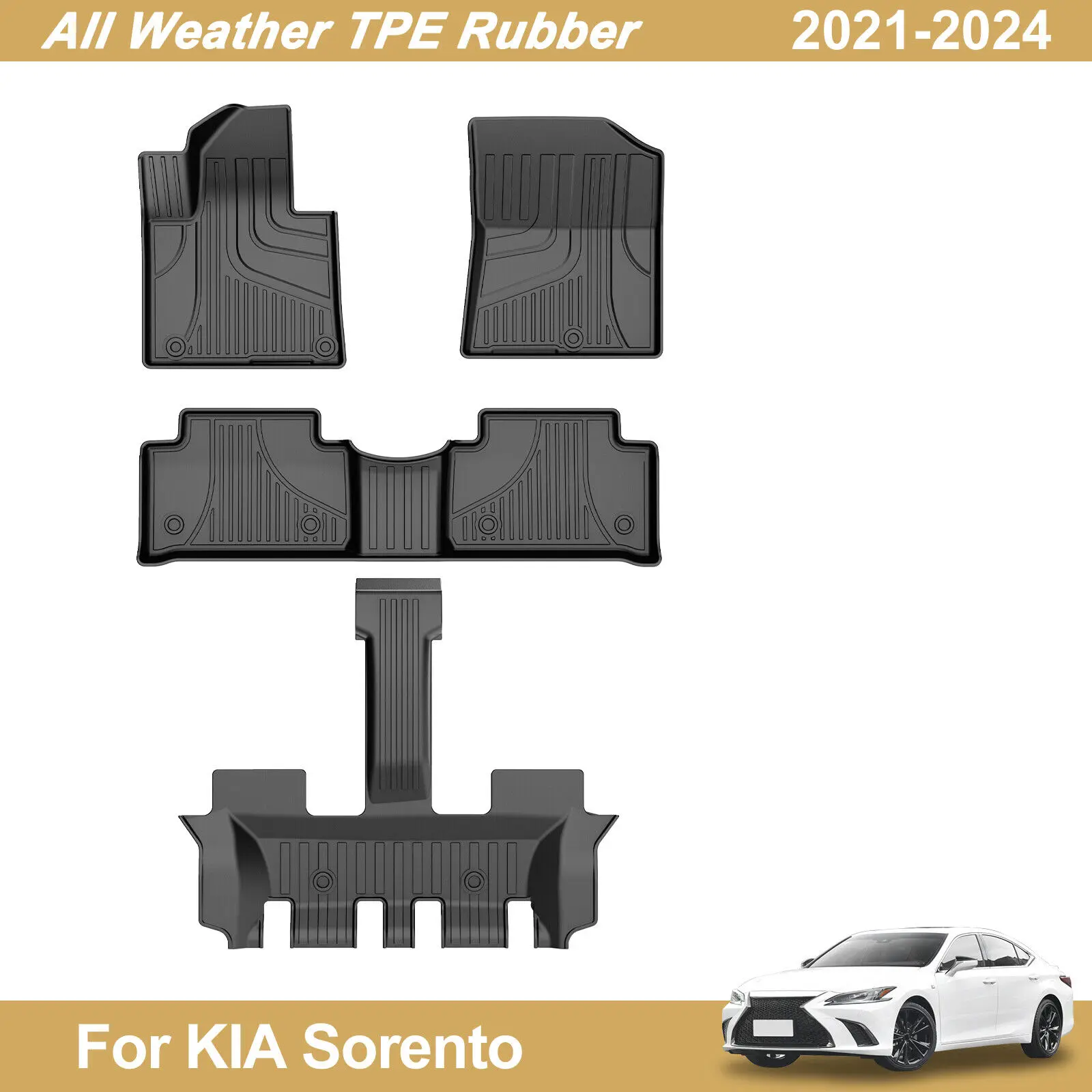 All-Weather TPE Rubber Floor Mats, 3-Row Carpet Liners for KIA Sorento 2021-2024, Mat Floor Mats