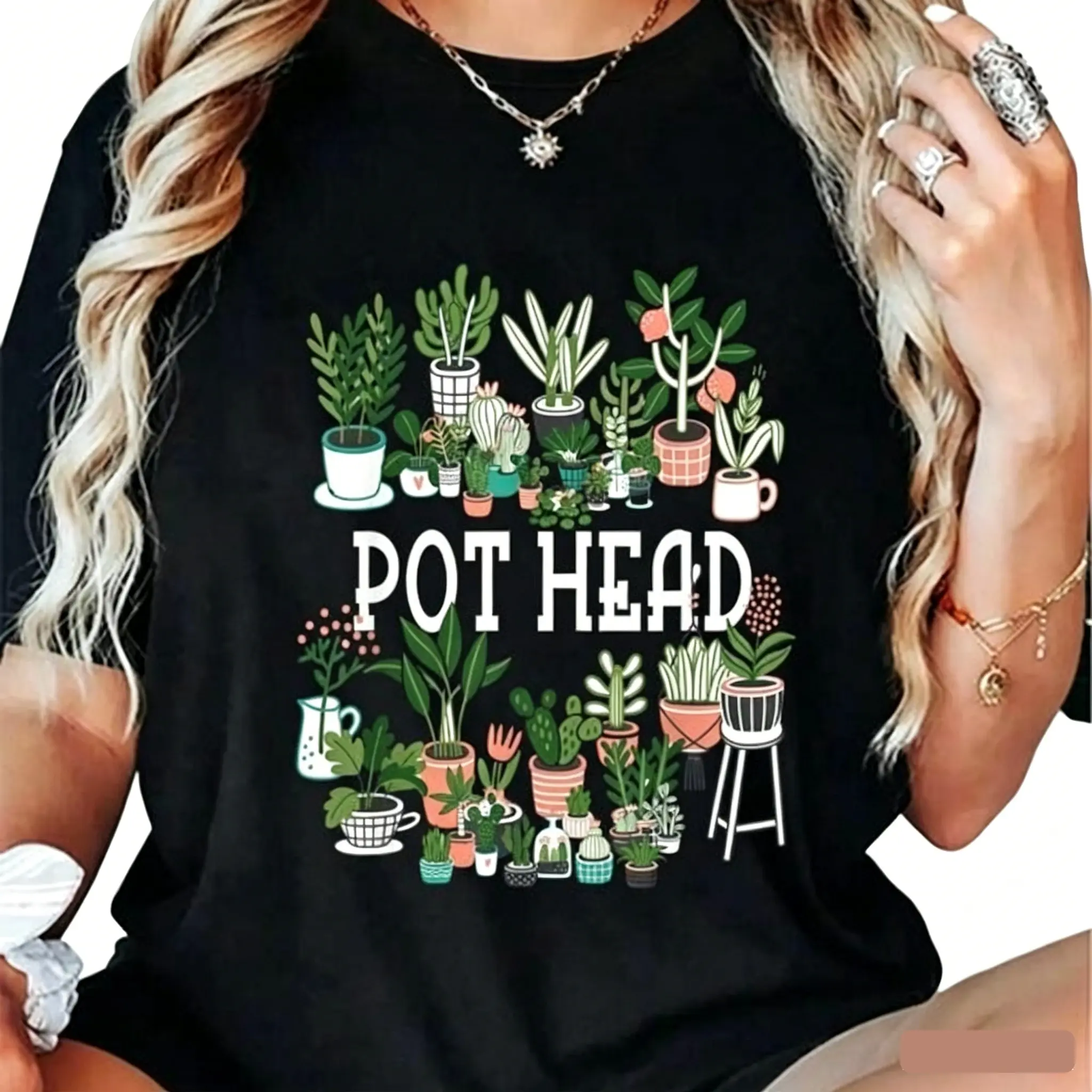 Oversize Cotton T-Shirt for Women, Loose Cut Streetwear Top with Succulent Graphic, Soft Round Neck Shortsleeve, Tee, Street Wear, Soft Cotton, Plant Print, Soft Seamless