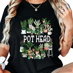 Pot Head Succulent Short Sleeve T-Shirt, Women's Cotton Round Neck Seamless Graphic Tee - Streetwear Style for Plant Lovers & Gardeners, Playful Pot Head Succulent Design, Soft Fabric PLK0103