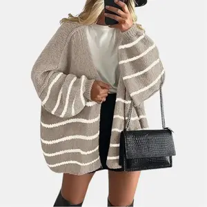 PRETTYGARDEN Women's Oversized Cardigan Comfy Striped Sweaters Fall Long Lantern Sleeve Knit Open Front Lightweight Sweater-Knitwear Minimalist Womenswear Breathable Fabric Chic Fit Tops