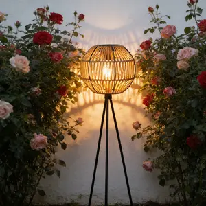 Solar Woven Floor Lamp with Edison Bulb, Bohemian Style Tripod, Ambiance Lighting, Outdoor Weather Resistant, Perfect for Patio Garden Backyard Porch