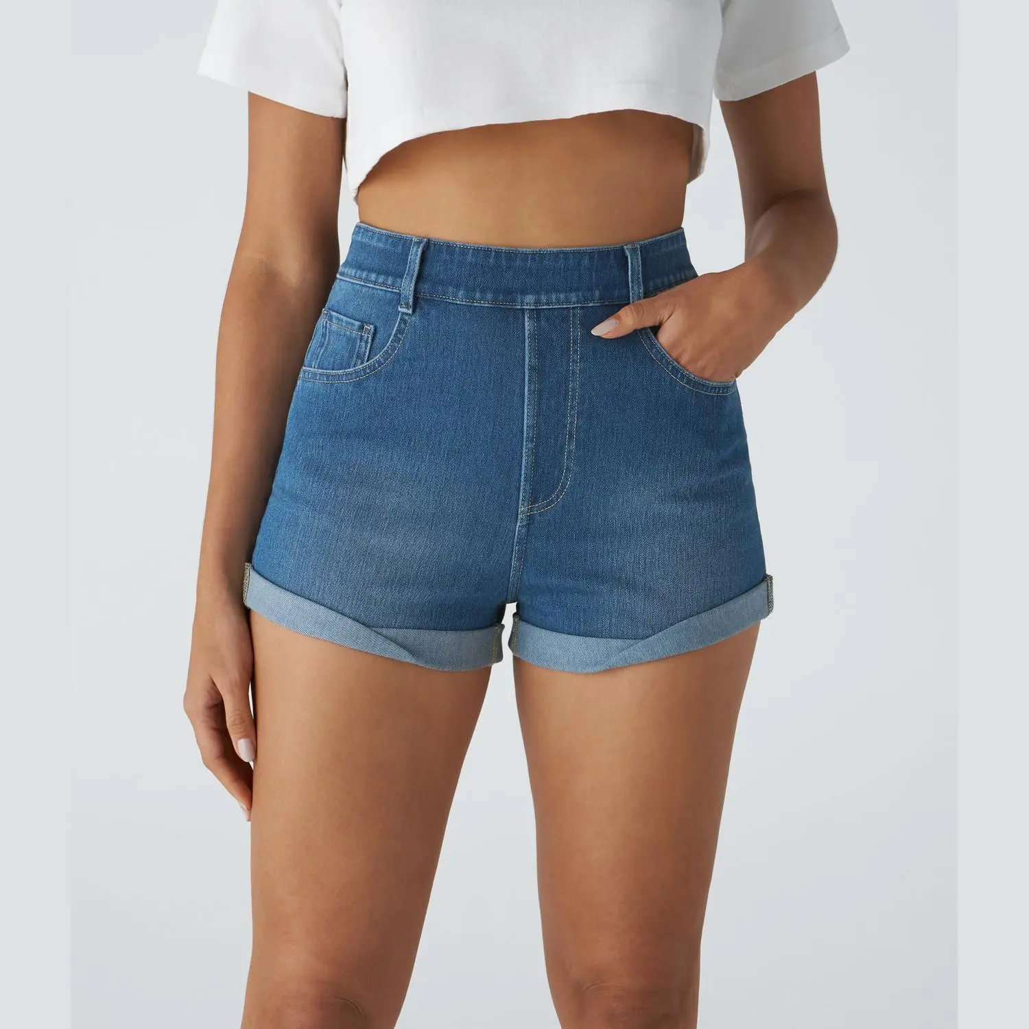 Halara Halara Flex High Waisted Multiple Pockets Rolled Hem Washed Stretchy Knit Denim Casual Shorts