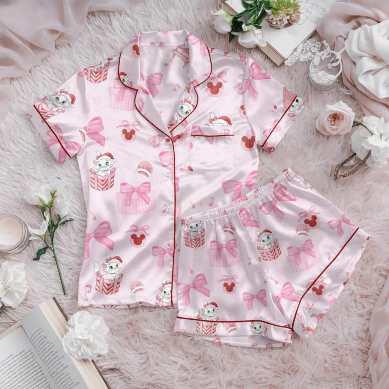 Coquette Bow Cat Christmas Satin Pajamas Set, the Aristocats Pijama Set, Matching Pajamas, Girly Sleepwear  Fabric