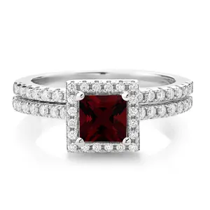 Gem Stone King 925 Sterling Silver Halo Bridal Ring Band Set for Women | 5MM Princess Cut Gemstone Birthstone with Round White Moissanite Accents | Wedding Engagement Anniversary Ring | Sizes 5, 6, 7, 8, 9