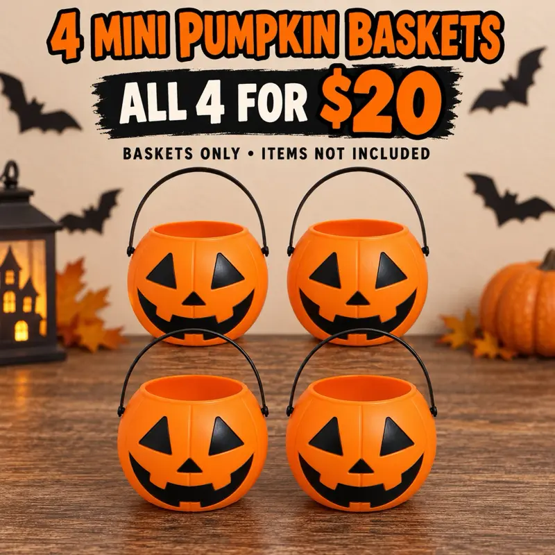 4 Mini Pumpkin “BOO” Baskets for Halloween Gift - Orange Jack-O'-Lantern Design - All 4 for $20 - Festive Party Supplies