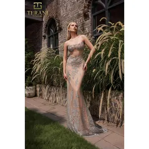 Long Bodycon Beaded Tulle Prom Dress