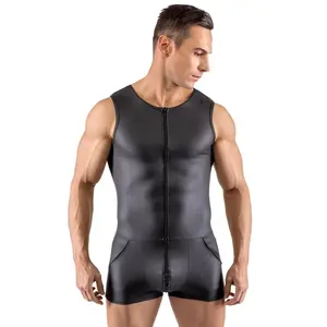 Men's Sexy Patent Leather Bodysuit with Triple Zippers and Dual Pockets Fabric Garment