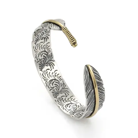 Vintage Feather Cuff Bracelet for Men - Adjustable Open Bangle, Trendy Stack Bangle, Metal Coating Costume Jewelry, Everyday Wear Accessory, Ideal Gifts for Him Mens Gifts