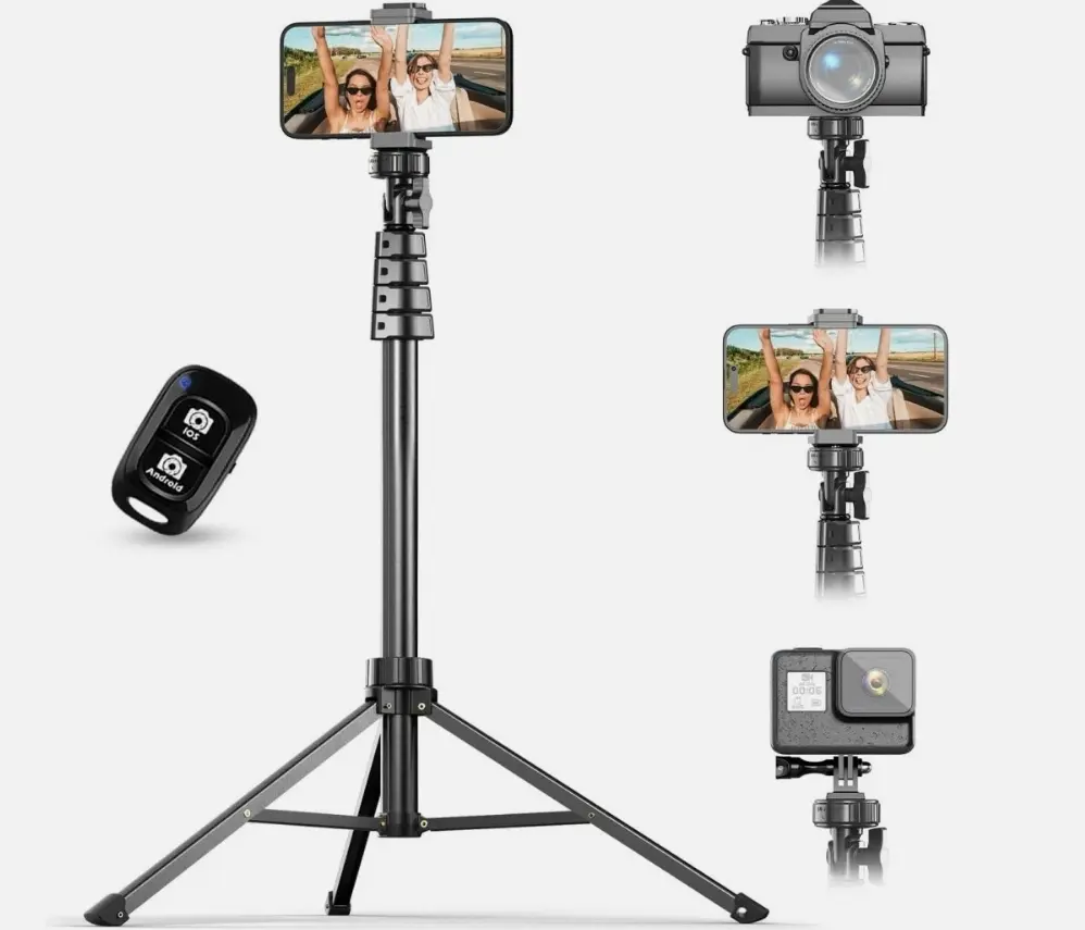 62-Inch Extendable Selfie Stick Tripod, Bluetooth Remote Control Included, Compatible with iPhone & Android for Travel Photography, Vlogging