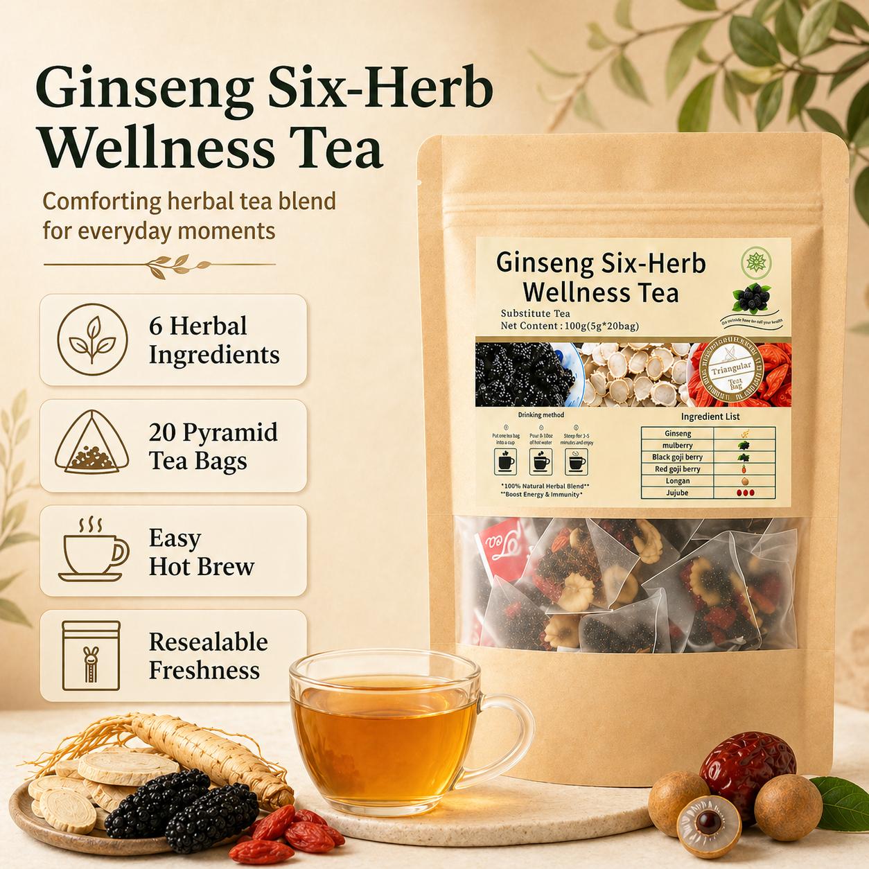 Organic Turmeric Ginseng 6-Treasures Herbal Wellness Tea Blend - Natural Kidney Cleanse Beverage with Tea Bags for Men & Women Organic Turmeric Ginseng 6-Treasures Herbal Wellness Tea Blend - Natural Kidney Cleanse Beverage with Tea Bags for Men & Women