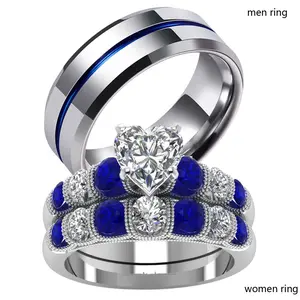 Couple Rings Matching Rings White Gold Plated 1ct AAA CZ 2pcs Women Wedding Ring Sets For Him And Her Ring Sets Men Tungsten Steel Wedding Band