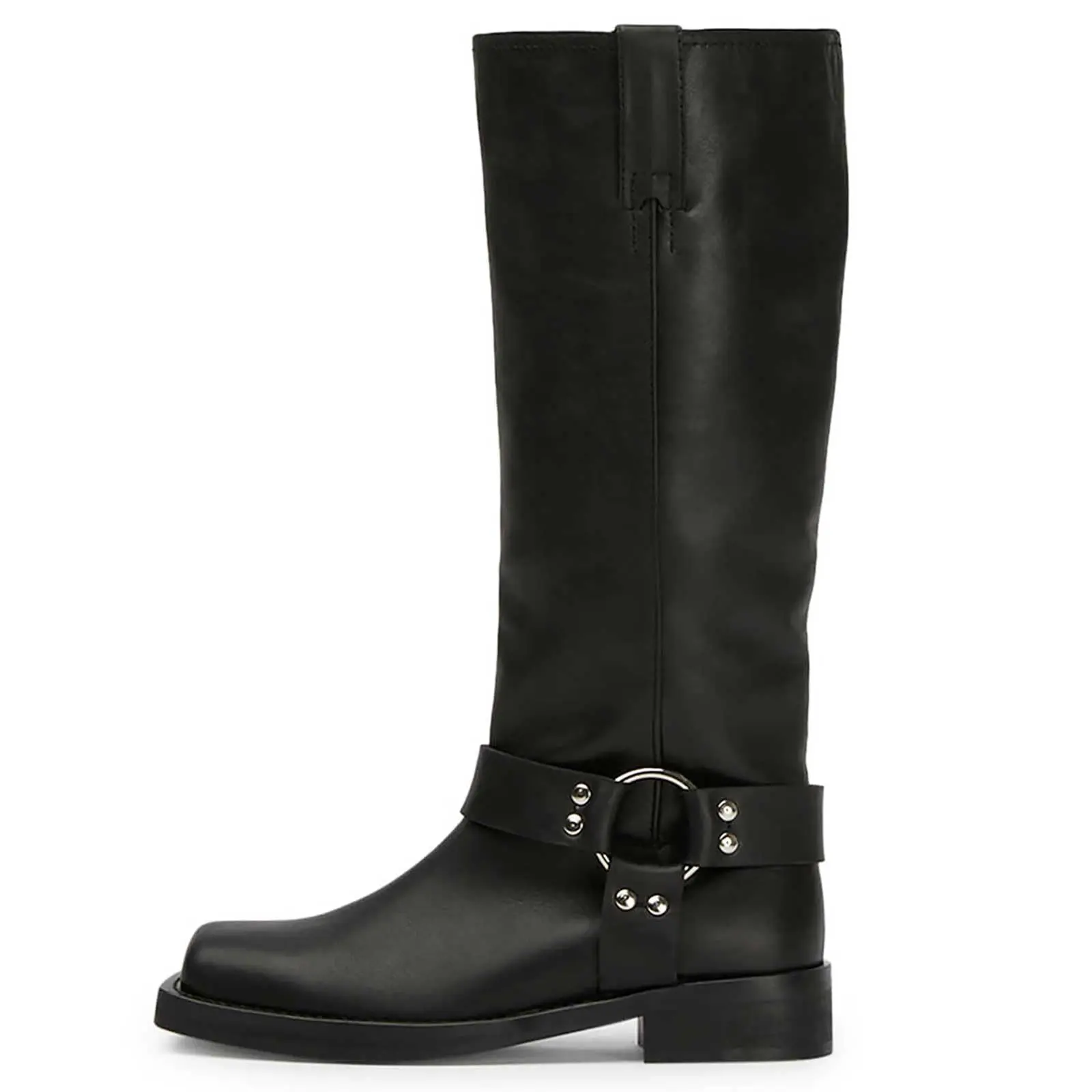 Women's Knee-High Slip-On Cowboy Boots - 1.2 in Chunky Cuban Heel, Square Toe, Polyurethane (PU Leather) Outer, Rubber/Tpr Sole, Cowboy Aesthetic Women's Footwear Shoe