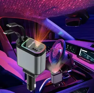 4-in-1 Super Fast Retractable 66W Car Charger with Starry Sky Projection Night Light, Car Ambient Light, Fast Car Charger for iPhone 17/16/15/14/13/12/11 And Android (Dark Gray)