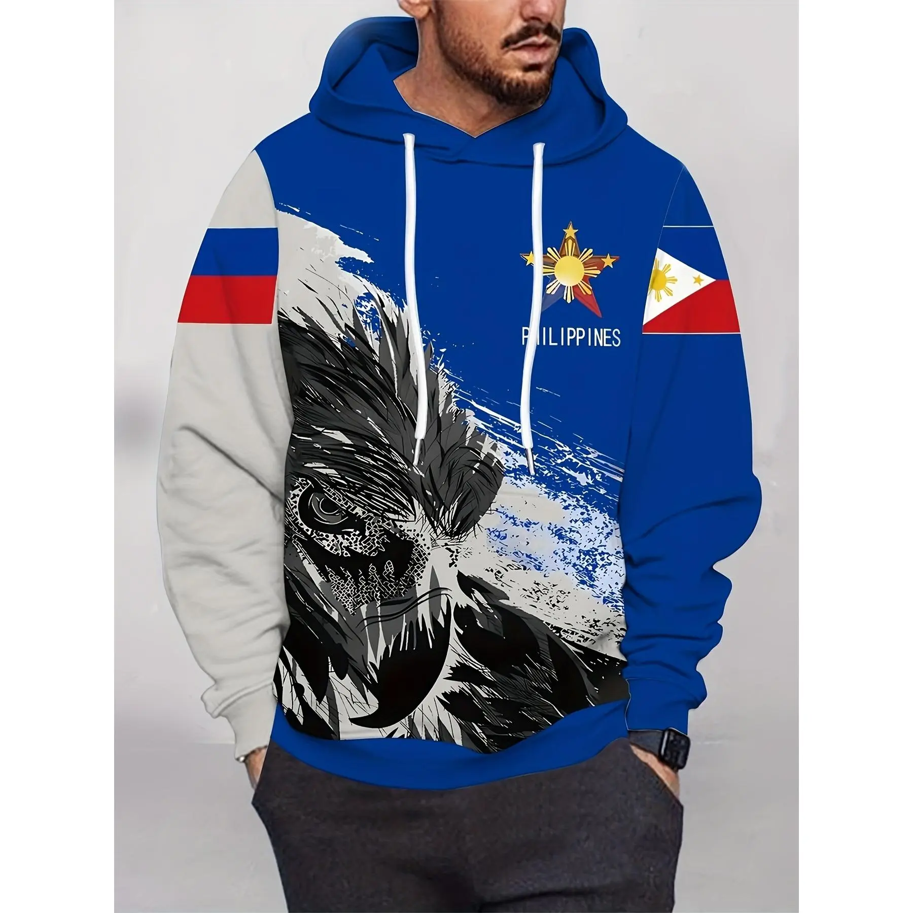 Men's Pullover Hoodie with 3D Philippines Flag Eagle Graphic, a Regular Fit Casual Long Sleeve Top with Stretch Fabric and Pocket for Activewear, Tops, Athletic, Sport, Knit