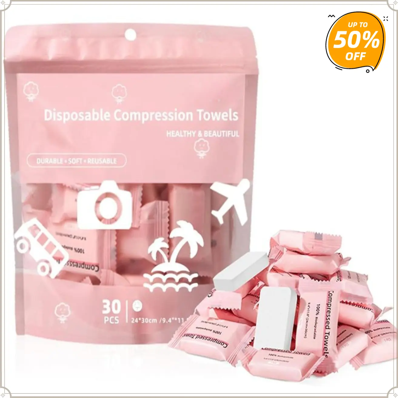 Compressed Towel 30 Pcs Disposable Compressed Face Towel Portable Cotton Coin Tissue Camping Towel for Travel/Home/Outdoor Activities