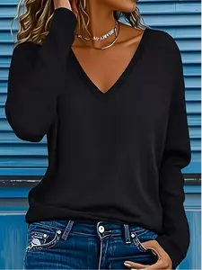 Women's V-Neck Long Sleeve T-Shirt Fitted, Basic Casual Fashion Top, Pure Color Solid All Seasons Essential, Spring Fall Winter Ladies Clothing