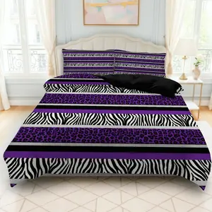 3PCS Duvet Cover Set, 1 Duvet+2 Pillowcases(Without filler), Zebra Leopard Purple Striped theme, Halloween bedding set, Exotic Luxury Animal Print Vibrant Patterns Suitable for decoration bedroom hotel guestroom living room