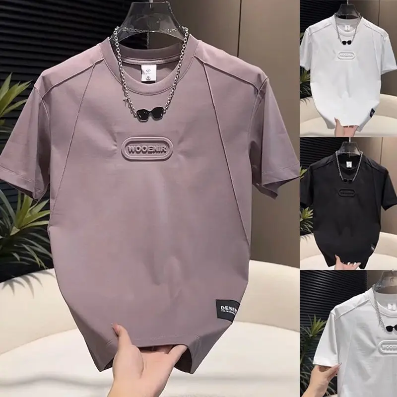 2025 Summer New Fashion Trend Short Sleeve T-Shirt Casual Men's Patchwork Letter Print Crew Neck Top T-Shirt