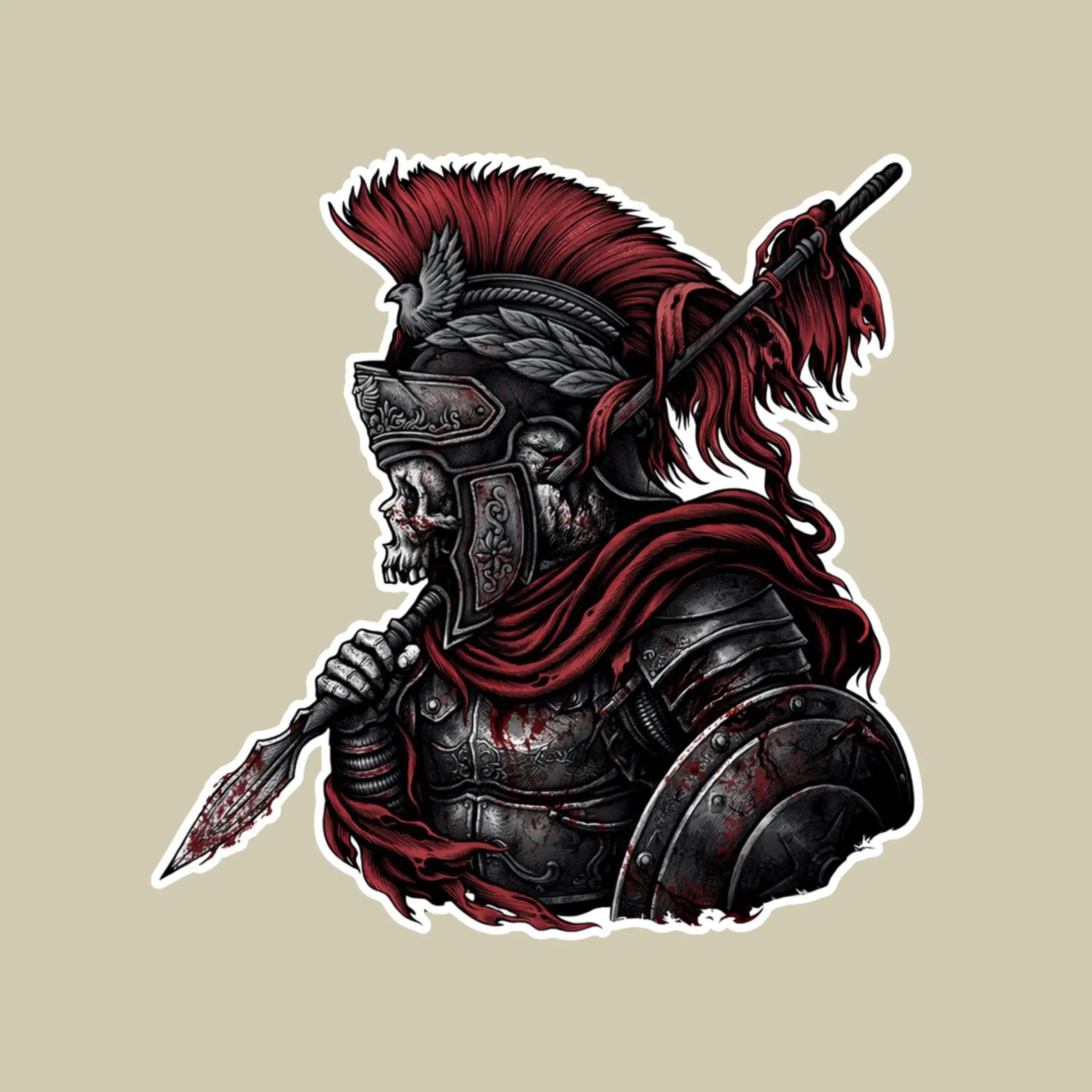 Spartan Skeleton Warrior Sticker,  Ancient Armor, Red Cape, Bloody Spear, Dark Tactical Myth Style Decal