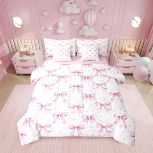 Feelyou 7-Piece Kawaii Starry Pink White Bowknot Design Queen Bedding Set - Girls' Soft Bowknot Design Blanket, Stripe-Printed Blanket, Fitted Sheets, Ribbon Accents, Plaid Checkered Decor, Queen Bedding Sets