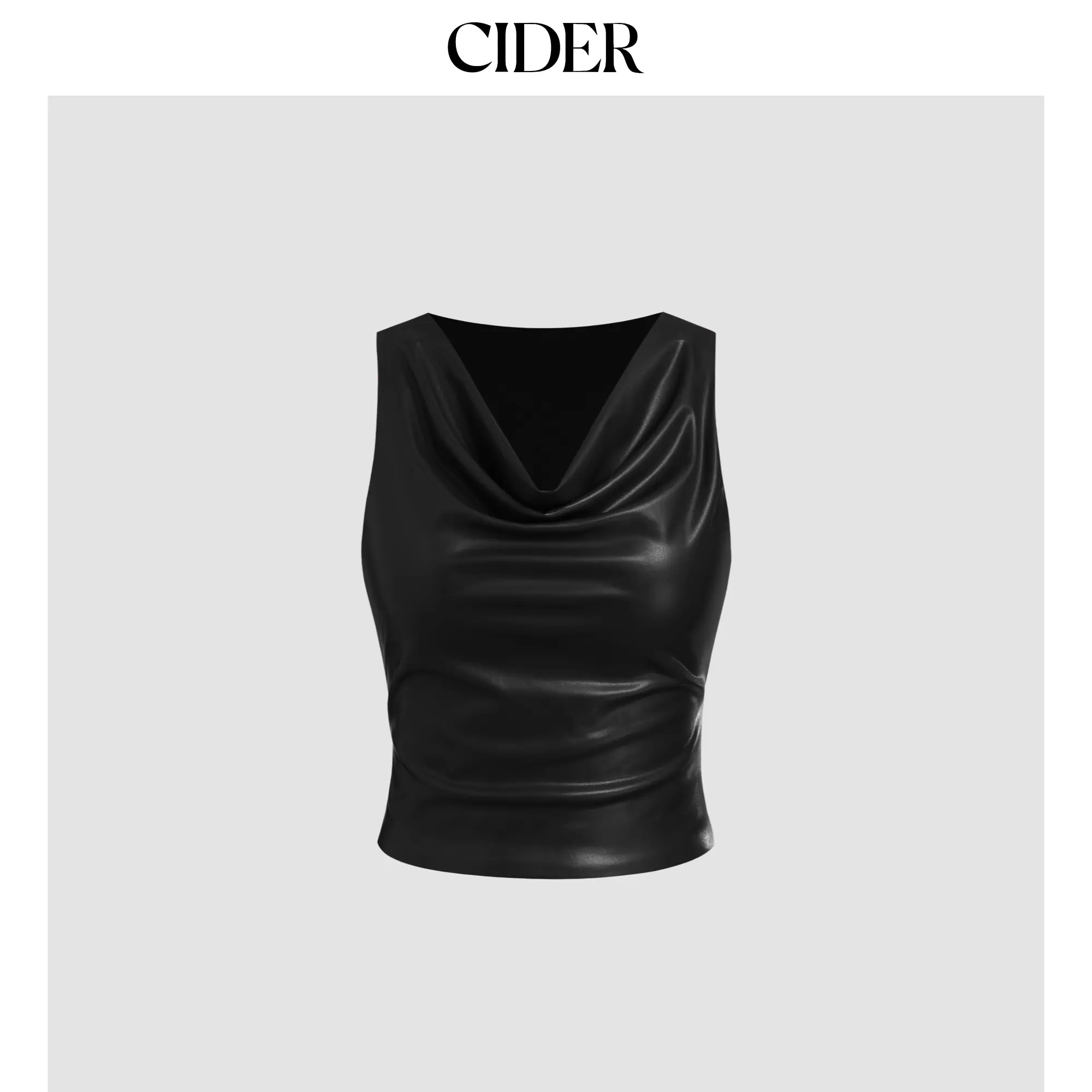 Cider Women's Faux Leather Cowl Neck Solid Ruched Crop Tank Top, 2 Colors, Size 2-26