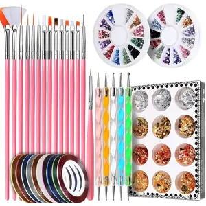 Nail Pen Designer, Stamp Nail Art Tool with 15pcs Nail Painting Brushes, Nail Dotting Tool, Nail Foil, Manicure Tape, Color Rhinestones for Nails Pink springtok