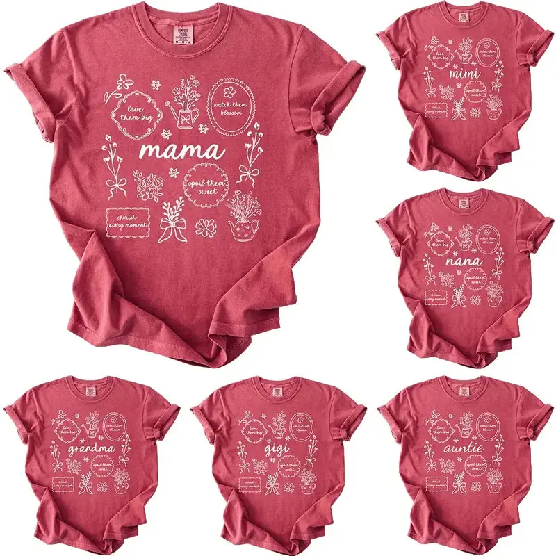 Comfort Colors Custom Floral Mama Shirt, Floral Nana Shirt, Personalized Mothers Day Gift, Grandma Lala Auntie Mimi Gigi Lolly Nani T-Shirt, Crimson Color - DarkFlex
