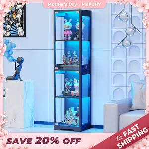 MIIFUNY Display Cabinet with Glass Doors, 4-Tier Display Case with 3 Color Lights for Collectibles, Display Shelves with Human Body Sensor, Black