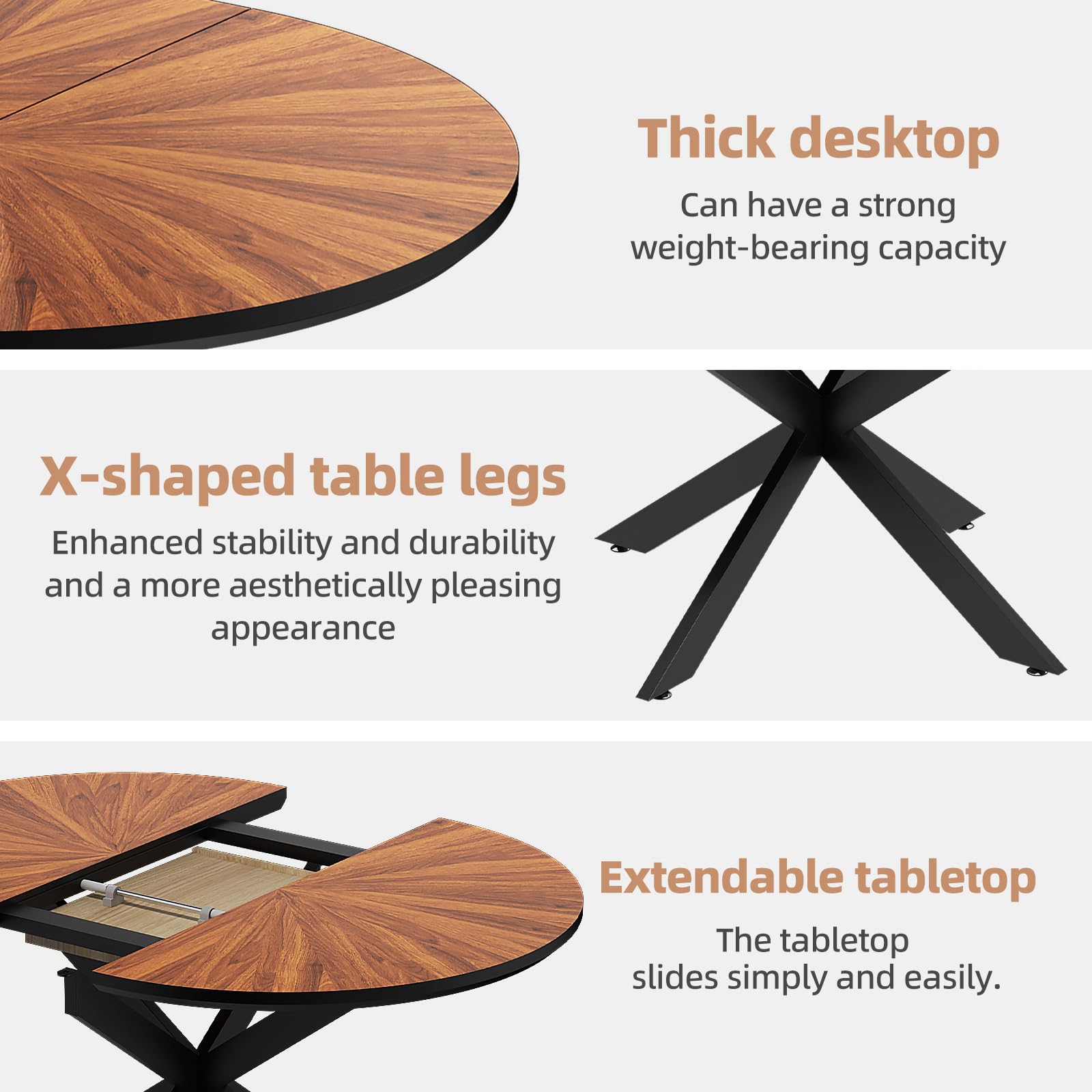 47.2"-63" Extendable Round Dining Table for 4-6, Modern Farmhouse Kitchen Oval Dining Table with Removable Leaves Space Saving, Expandable Table, Solid Wood Tabletop & Metal Frame, Walnut Dining Room Furniture