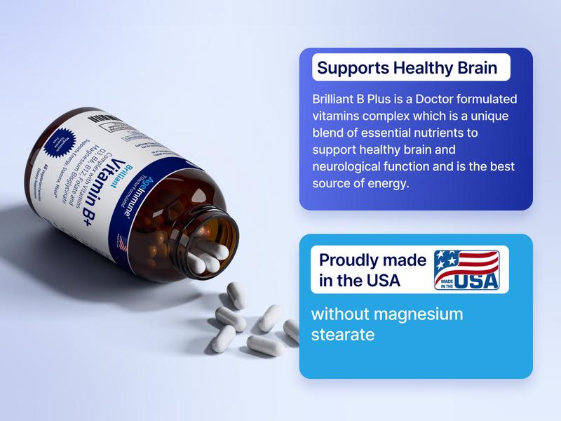 Vitamin B Complex - 60 Capsules with Vitamins B6 20mg D3 1000IU Magnesium Bisglycinate 260mg Methyl B12 1000mcg and Folate as Methylfolate 600mcg DFE. Healthcare Dietary