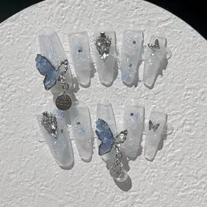 AURÉA Handmade Ice Blue Butterfly Press On Nails| Removable Fairy Core Nail Art| Long Tapered Square Reusable Fake Nails with Crystal & Dangle Details