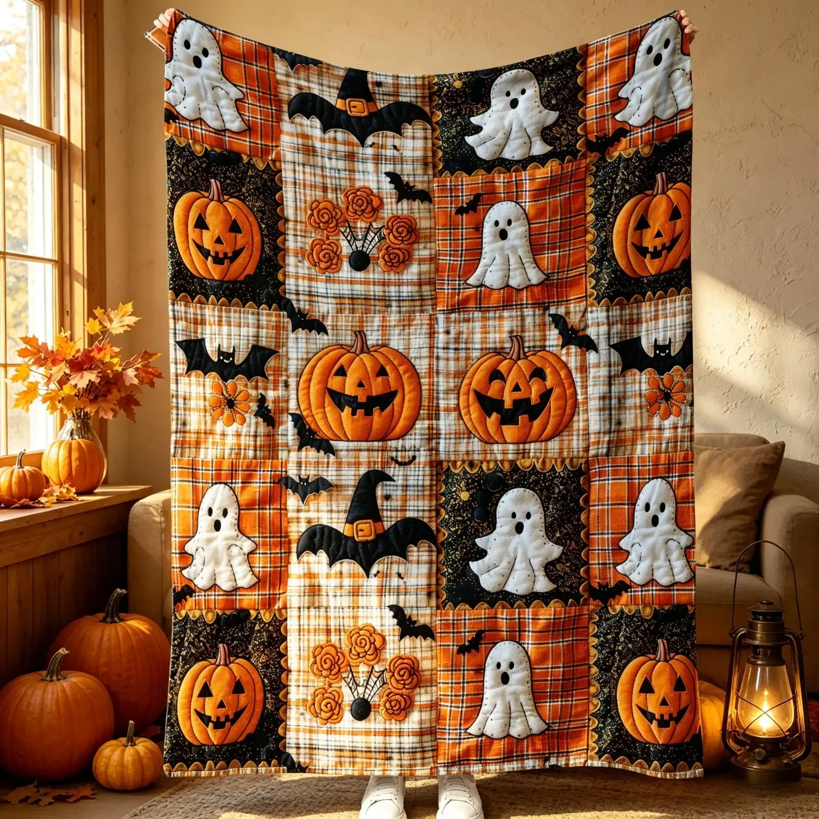 Halloween Pumpkin Ghost Bat Plaid Flannel Blanket, Soft Cozy Throw Blanket for Kids & Adults, Lightweight Warm AC Blanket for Sofa Couch Bed Bedroom Living Room Fall Autumn Home Decor, Spooky Season Gift
