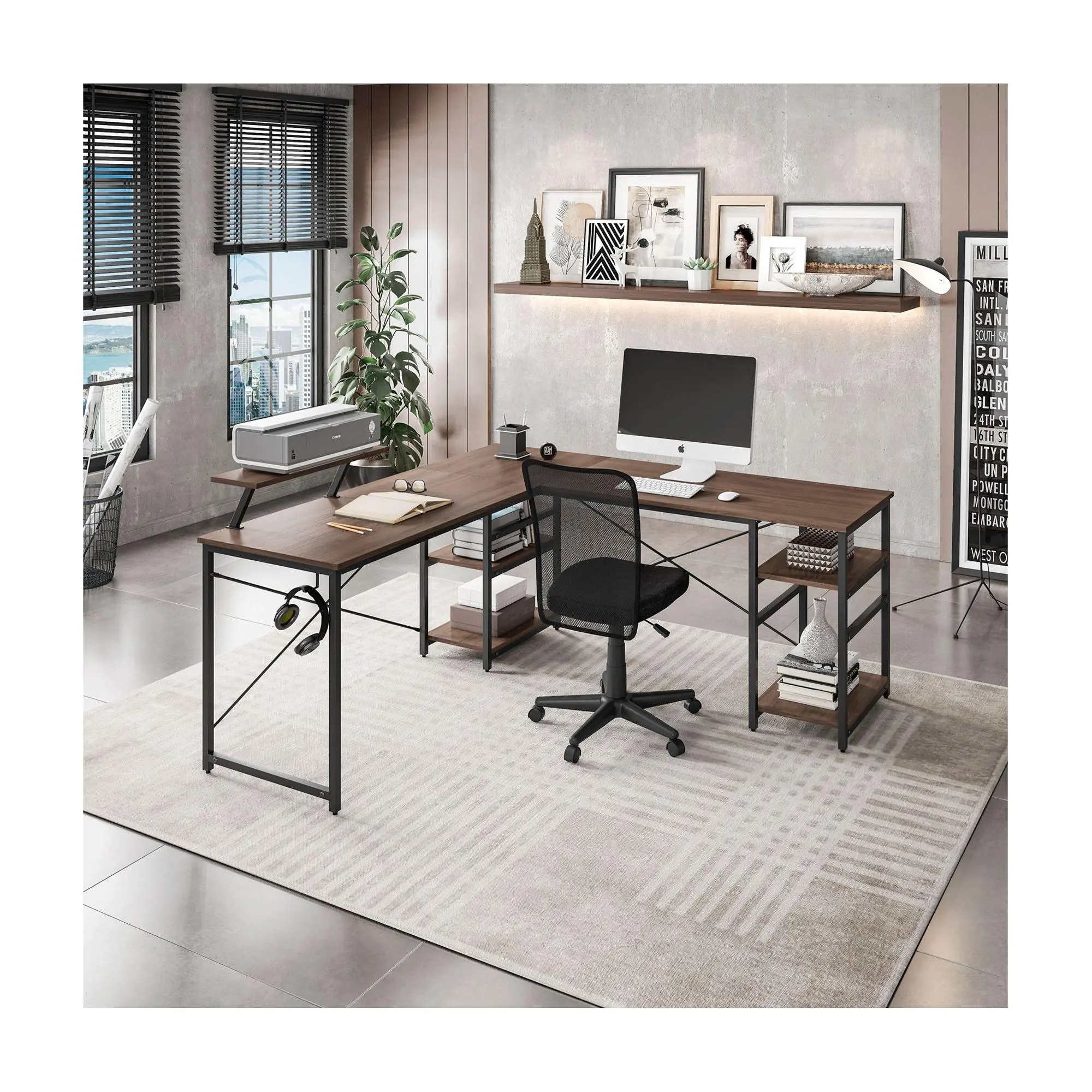 TECHNI MOBILI 59 " W L-Shape Walnut Industrial Desk W/Shelving