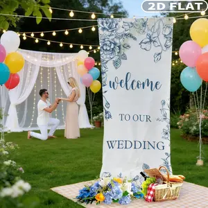 2D FLAT 1pc Welcome To Our Wedding Sign Tapestries, 61x152cm/24x59.84 Inch Chinoiserie Wedding Welcome Signs Banner, Polyester Blue and White Flower Wedding Banner for Ceremony, Arch, Reception Backdrop Bridal Engagement Party Decor
