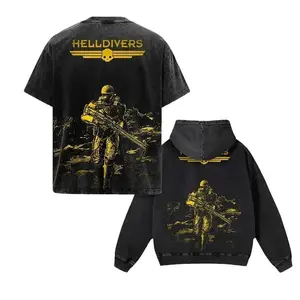 Helldivers 2 Streetwear Game Merch Gift For Fan, Oversize Unisex Double Printed Washed Hoodie & T-Shirt