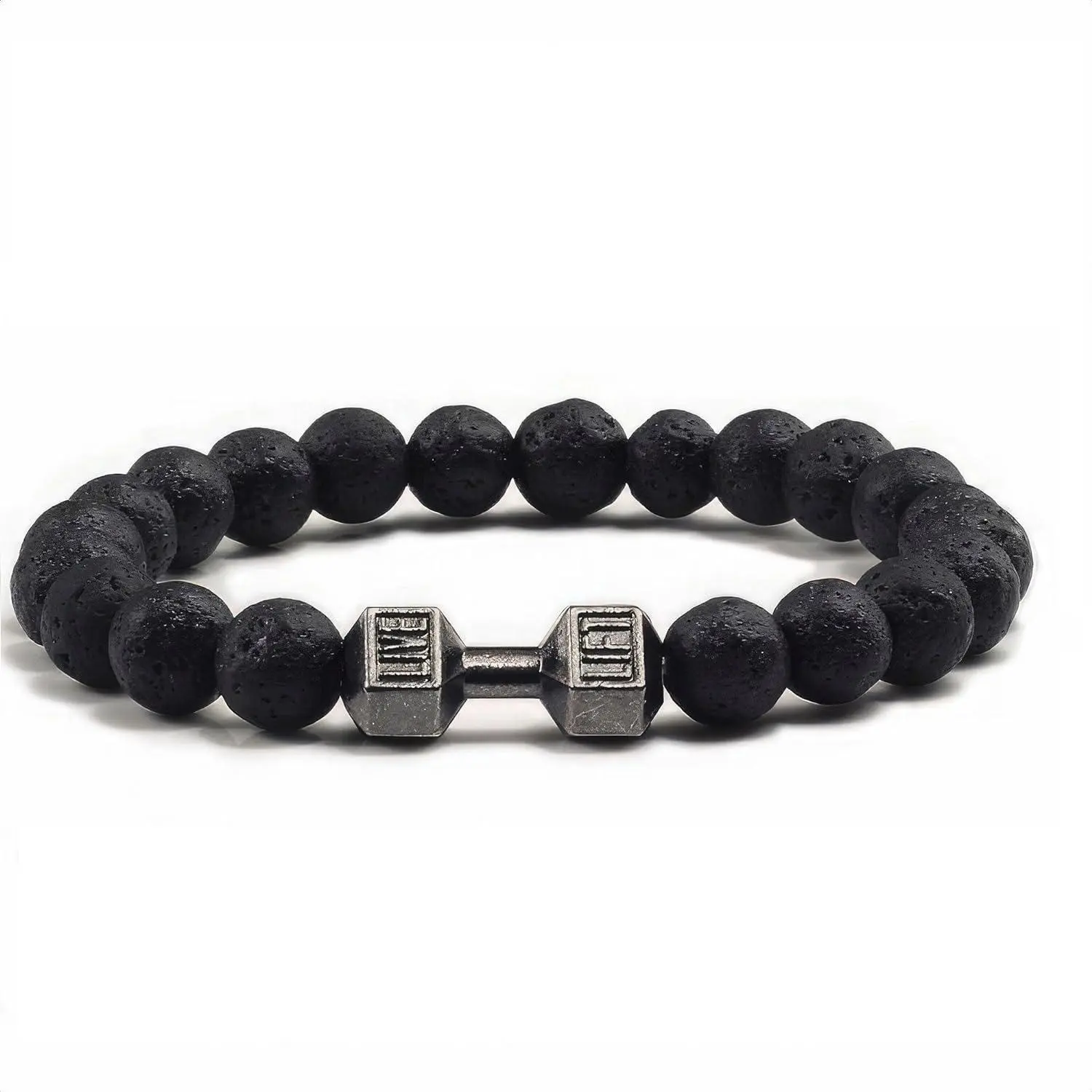 Mens Dumbbell Bracelet 8mm Natural Lava Rock Stone Beads - Aromatherapy Essential Oil Diffuser Stretch Bracelet for Men & Women - Weight Lifting Gym Fitness Jewelry Gift for Him